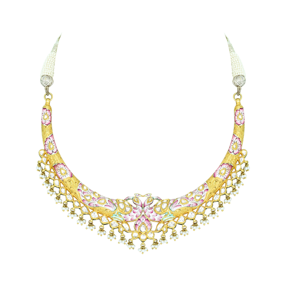 Hasli Necklace with Pink Enamel and Polki Pearls